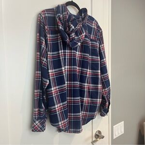 Navy and Red Plaid Hooded Button down